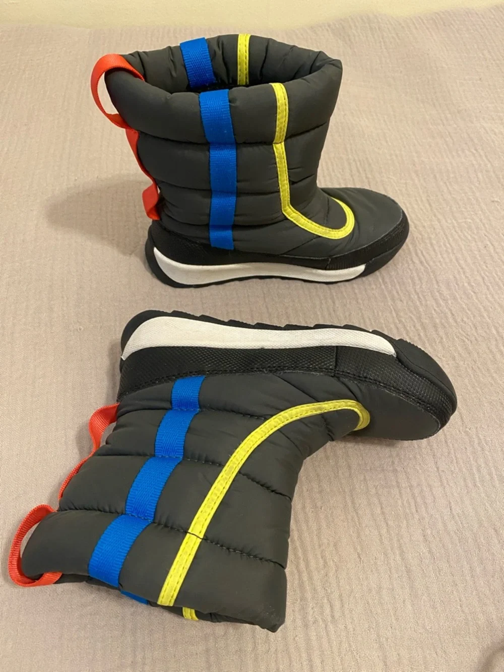 Sorel Kids Black Snow Boots with Yellow, Blue & Red Accents. Size 12